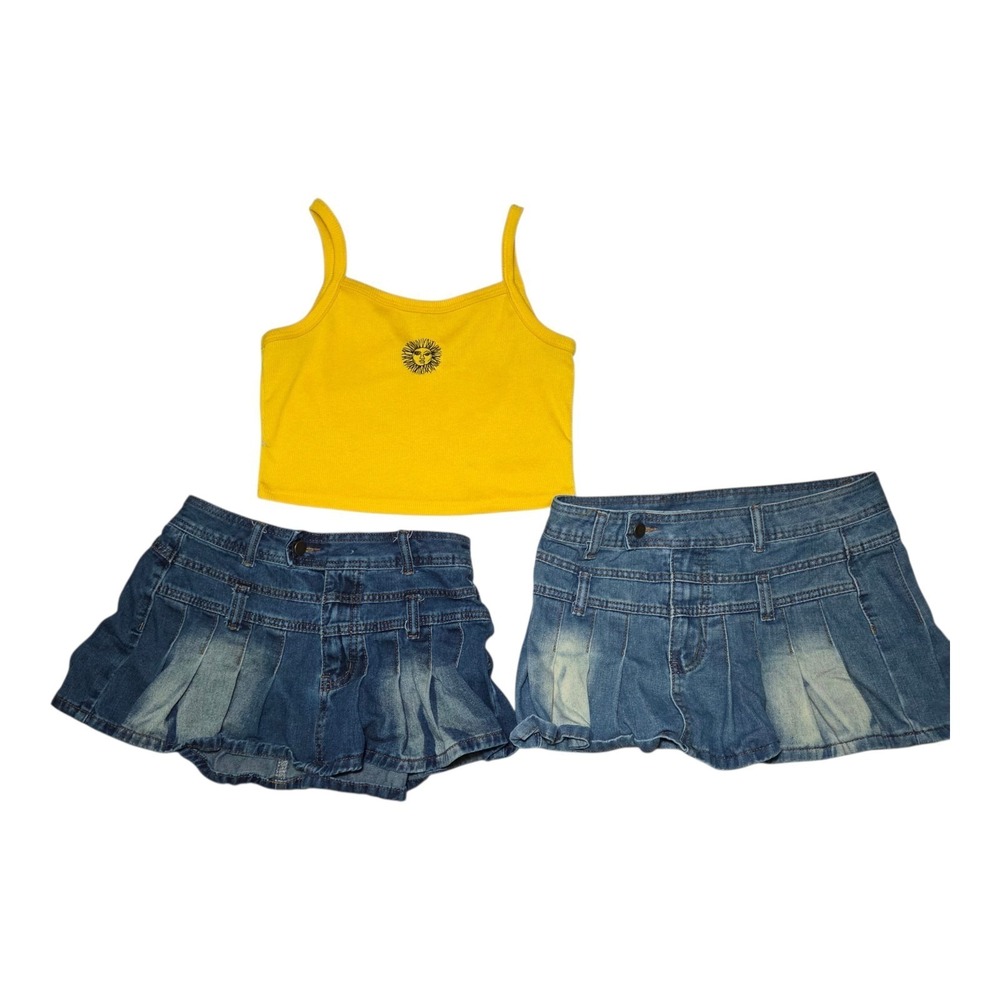 Y2K 2 Piece Denim Pleated Micro Mini Skirt & Yellow Sun Graphic Crop Cami